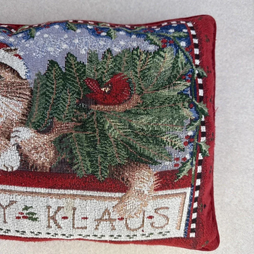 Vintage Embroidery Needlepoint Tapestry Christmas Kitty Klause Cat Red Pillow‎